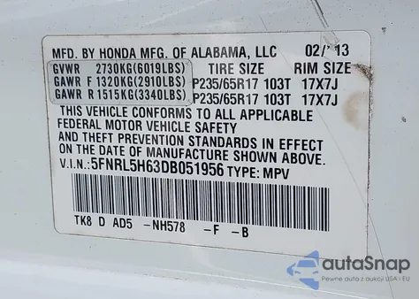 2013 Honda Odyssey Ex-L из США, поврежденный, VIN 5FNRL5H63DB051956